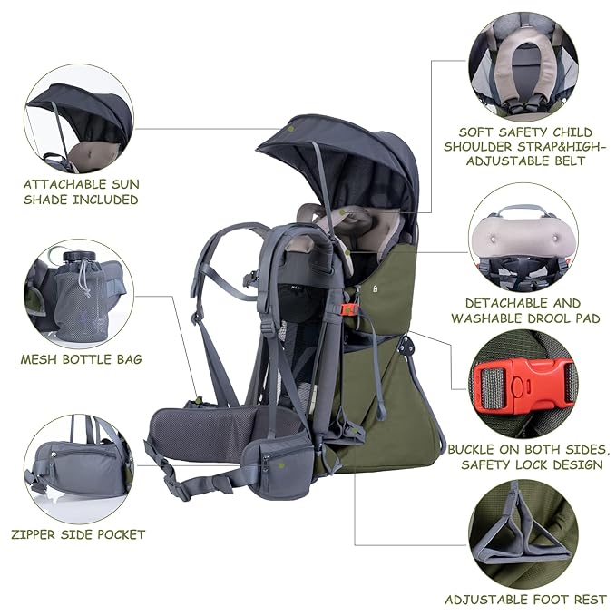 WIPHA Baby Backpack Carrier, Comfort Toddler Carrier Hiking Backpack with Canopy, Adjustable Lightweight Child Carrier
