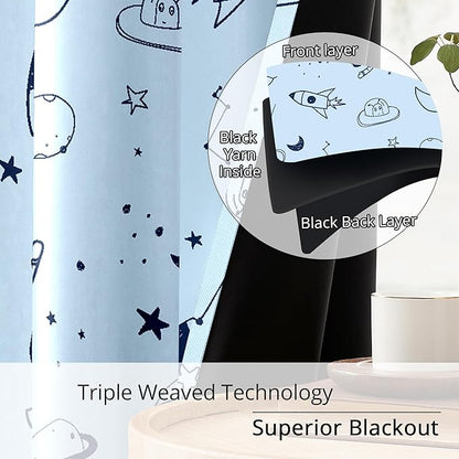 Kids Space Rocket and Astronaut Blackout Curtains - 100% Blackout, Thermal Insulated, Noise Reducing, Perfect for Kids Room and Nursery, 2 Panels (Sky-Blue Space Doodles, W52×L84)