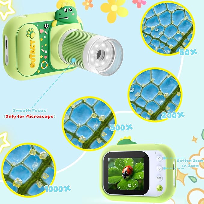 2 in 1 Microscope for Kids & Video Camera, 1000X Digital Microscope with 2.4" Screen, 1080P Portable Handheld Kids Camera Toys, STEM Educational Science Kit Toys for 3-12 Age Years Old Boys Girls