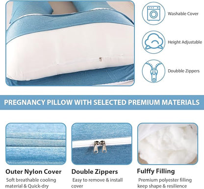 Amagoing Cooling Pregnancy Pillow for Sleeping, U Shaped Maternity Full Body Pillow for Women with Hip, Leg, Back Pain Support, Removable Cooling Cover Included (Light Blue)
