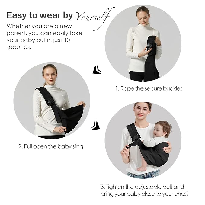 Baby Sling Carrier, Toddler Carrier Sling with Double Safety Buckle and Adjustable Shoulder Strap(7-30lbs), Baby Carriers One Size Fits All, Black