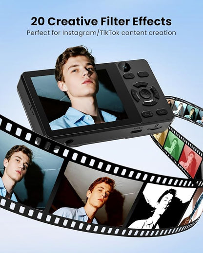 Digital Camera with Front Rear Lens, Autofocus 64MP 4K Camera for Photography with 32GB Card, Portable Compact Point and Shoot Camera for Teens Adult Beginner with Metal Shell, 2000mAh Battery