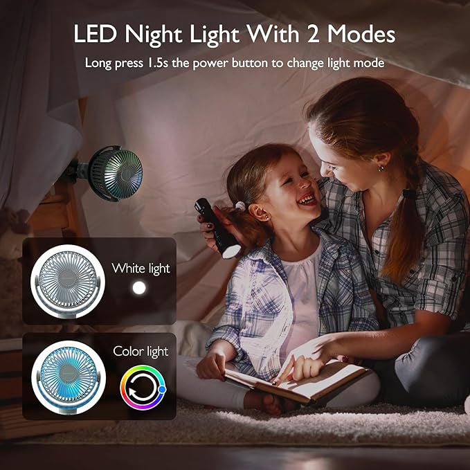 Momcozy 8000mAh Portable Stroller Fan, 27H Ultra-long Life Detachable 4 Speed 360°Rotate LED Night Light with 2 Modes, USB Rechargeable Handheld Cooling Fan for Travel/Bedroom/Car Seat