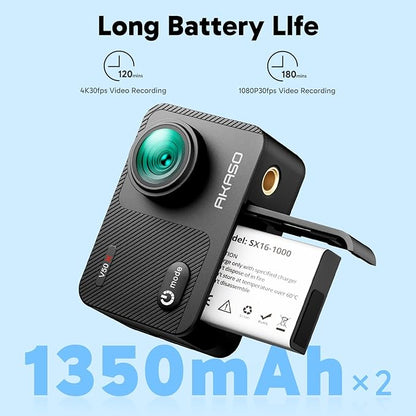 AKASO V50X Native 4K30fps WiFi Action Camera with EIS Touch Screen 4X Zoom 131 feet Waterproof Camera Support External Mic Remote Control (with Floating Hand Grip and Carry Bag)