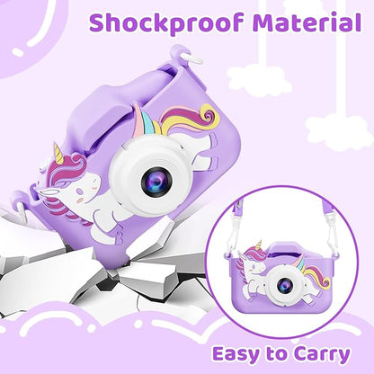 Kids Camera, Toys for Toddlers Age 3-8 Year Old Girl Christmas Birthday Gifts, Children Digital Camera with Cartoon Soft Silicone Cover and 32GB Card (Violet)