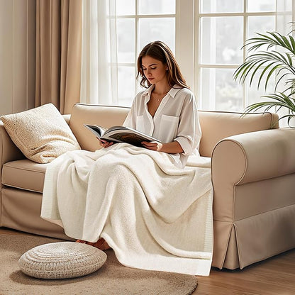 NNEXHOME PRO Soft Blanket for Women, Cozy Blanket Warm Reversible Knit Lightweight Throws for Sofa Bed, Picnic, Heather Ivory, Twin Size 60 x 80 inches