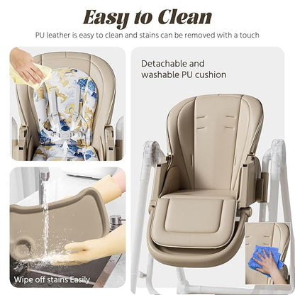 Multi Functional All in 1 Baby High Chair Swings for Infants Foldable Rocking 8 Level Height Adjustment Eco Friendly Washable PU Cushion Ultimate Baby Feeding Chair (Brown)