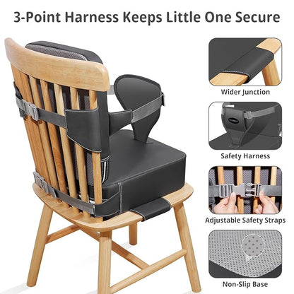 Toddler Booster Seat for Kitchen Chair, 2-in-1 Dining Table Booster Seat with Backrest & Adjustable Straps – Easy-Clean, PU Portable Toddler Eating Travel Increasing Cushion - Dark Grey