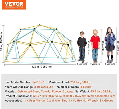 VEVOR Climbing Dome, 10FT Geometric Dome Climber Play Center for Kids 3 to 10 Years Old, Jungle Gym Supports 750LBS and Easy Assembly, with Climbing Grip, Outdoor Backyard Play Equipment for Kids