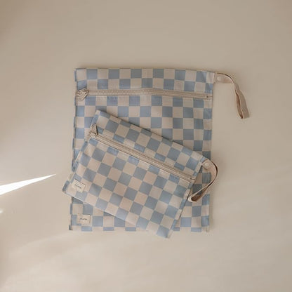 mushie Water Resistant Wet Bags | Large & Small Reusable Storage Bag for Baby Items and Travel | Zippered Pockets with Handle | Machine Washable, Set of 2 (Blue Check)