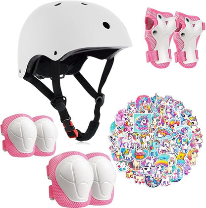 Kids Bike Helmet with Knee Elbow Wrist Pads Guards,Pink,for Ages 2-3-5-8-14,Sports Bicycle,Skate Scooter,Rollerblading with Unicorn Sticker