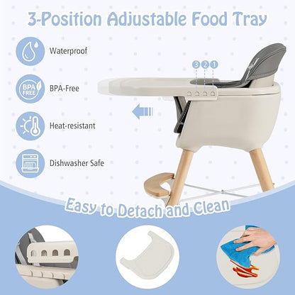 BABY JOY Baby High Chair, 3-in-1 Convertible Wooden Highchair for Babies & Toddlers, Infant Feeding Chair w/ 5-Point Safety Harness, Footrest, Adjustable Legs, Removable Tray & PU Cushion (Dark Gray)