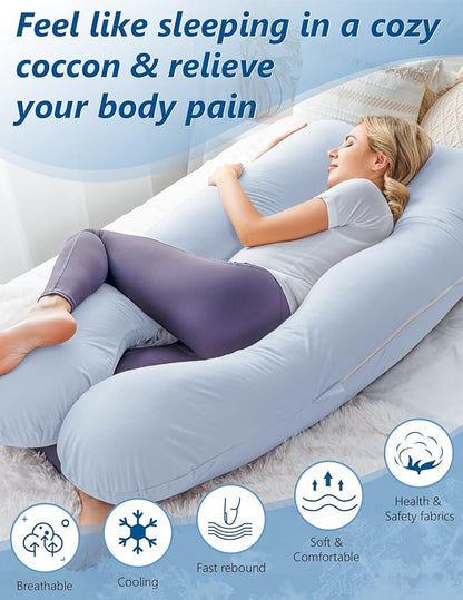 Meiz Pregnancy Pillow, Cooling Pregnancy Pillows for Sleeping, Maternity Pillow for Pregnant Women, Pregnancy Body Pillow with Cooling Jersey Cotton Cover, Blue