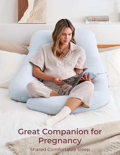 Momcozy Pregnancy Pillows for Sleeping, U Shaped Full Body Pillow 57 Inch for Pregnant Women with Back, Hip, Leg, Belly Support, Washable Jersey Cotton Cover Included, Light Blue