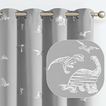Vangao Grey Blackout Curtains Dinosaur Curtains for Boys Kids Nursery Girls Room Silver Dino Foil Print Thermal Insulated Grommet Top Window Drapes 63 Inches Length 2 Panels