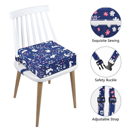 SMZCTYI Toddler Booster Seat for Dining Table, Stronger Support Non-Slip Bottom Double Safe Straps Booster Seat Dining Toddler, Portable Travel Increasing Cushion (Navy Blue Rabbit)