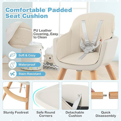 HONEY JOY High Chair, 3-in-1 Eat & Grow Wooden Highchair/Booster Seat/Toddler Chair with Removable Tray, 5-Point Harness, PU Cushion and Footrest for Baby, High Chair for Babies and Toddlers(Beige)
