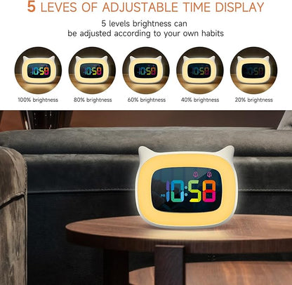 Cute Cat Ear Alarm Clock with RGB 7 Color Night Light & 18 Ringtones,Rechargeable Clock for Kids Bedroom,LED Colorful Digital Display,Bedside Clock for Boys,Girls Birthday Presents(White)
