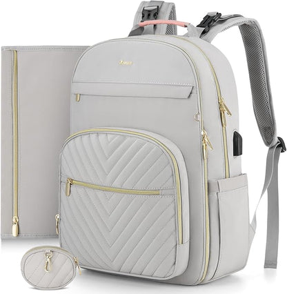 MOMUVO Diaper Bag Backpack, Quilted Baby Bag with Changing Pad and Stroller Straps and Pacifier Case, Multifunction Waterproof Travel Diaper Bags, Unisex, Light Grey and Pink