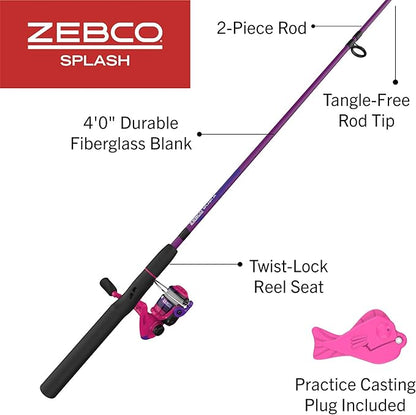 Zebco Splash Junior Spinning Reel and Fishing Rod Combo, 4-Foot 2-Piece Fishing Pole, Size 10 Reel, Changeable Right- or Left-Hand Retrieve, Pre-Spooled with 6-Pound Zebco Line