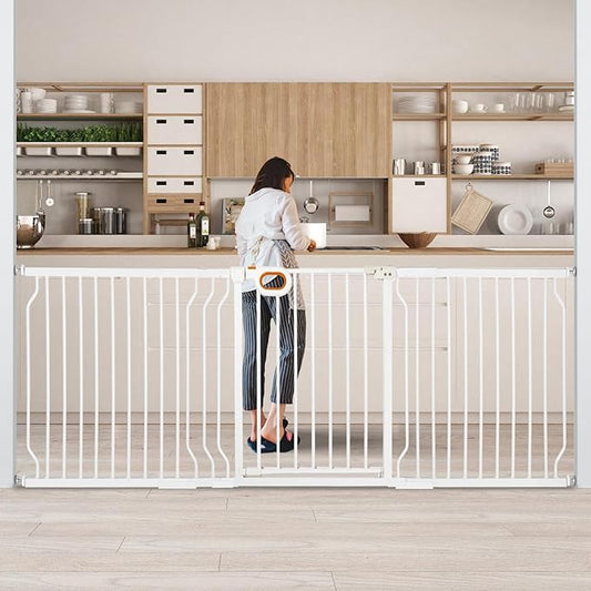 owlie Baby Gate Indoor 75-85 Inch, Extra Wide Safety Gate for Dogs Large Stairway Gate Adjustable Baby Gates Pressure Mount Wide Gates for Pet Stairway Doorways No Drilling White (30.5'' Tall)