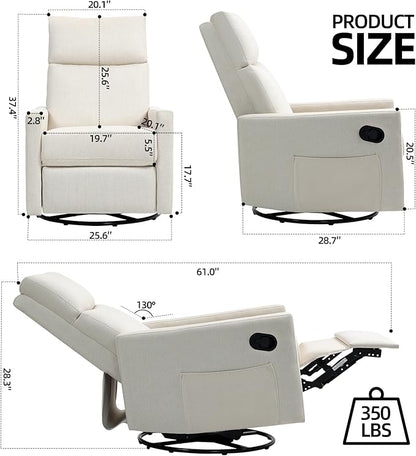Swivel Rocker Recliner Chairs Set of 2, Upholstered Fabric Nursery Rocking Glider Chair with Adjustable Backrest and Footrest, Lay Flat Recliner Single Lazy Sofa for Living Room(Beige)