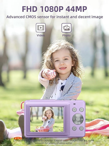 Digital Camera FHD 1080P, Camkory Kids Camera 44MP Point and Shoot Digital Cameras with 32GB Card, 16X Zoom, Two Batteries, Lanyard, Compact Small Camera Gift for Kids Boys Girls Students, Purple