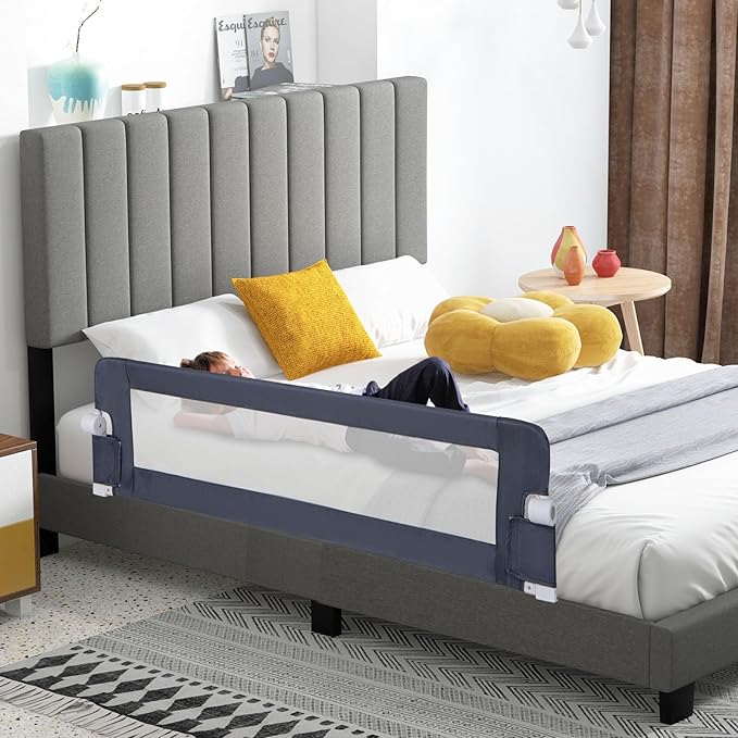 HONEY JOY 2 Pack Bed Rails for Toddlers, 60-Inch Extra Long, Foldable Portable Swing Down Safety Bed Guard Rail, Toddler Bed Rails for Crib, King Queen Full Twin Size Bed Mattress (Gray)