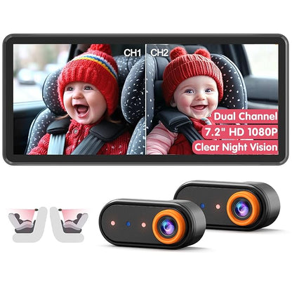 BM5PRO 7.2" 1080P HD Baby Car Camera for 2 Kids, Split Screen with IR Night Vision, Easy to Install & Adjust Brightness, Dual Car Camera Baby Monitor for Rear Seat Safety