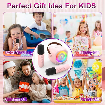 Mini Karaoke Machine, Portable Bluetooth Karaoke Speaker with 2 Wireless Microphone and Lights for Kids and Adults, Chritmas Birthday Gifts for Girls Boys 3-12+ Year Old (Pink)