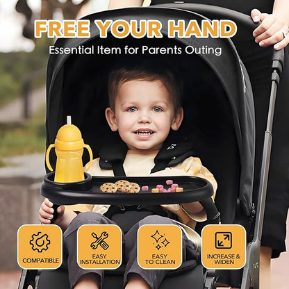 Snack Tray Compatible with Mockingbird,Nuna,Evenflo Stroller,Adjustable Stroller Snack Tray with Cup Holder and Phone Holder, Stroller Accessories Black