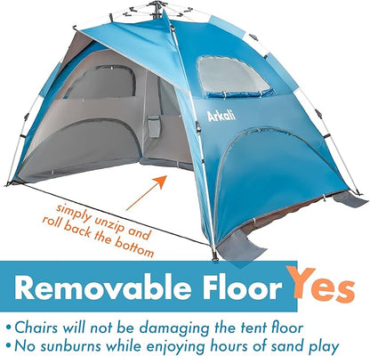 Beach Tent Pop Up Beach Sun Shade Tent with UPF 50+ UV Protection, Removable Floor Zippered Privacy & Ventilation Sun Shelter Family 3 to 4 Person