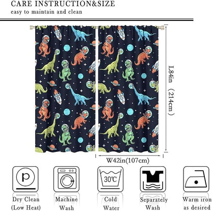 Cartoon Dinosaur Curtains for Kids Boys Girls Home Decor, Astronaut Rocket Funny Outer Space Blackout Rod Pocket Window Drapes for Bedroom Living Room W42xL84in 2 Panels