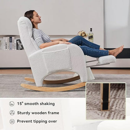 Rocking Chair Nursery, Modern Glider Chair with Adjustable Footrest and Solid Wood Legs, High Backrest Nursery Chair with Side Pocket, Rocker Armchair for Living Room Bedroom, Teddy Ivory