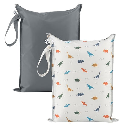 Tiny Twinkle Mess-Proof Waterproof Wet Dry Bag | 2-Pack Reusable Wet Bags for Swimsuits & Baby Clothes | Leakproof Wet Bag for Travel & Diaper Changes for Baby (Dinosaur)