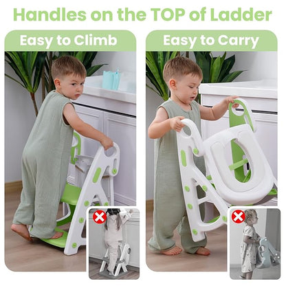 Primlect Potty Training Seat, 2-in-1 Toddler Toilet Seat with Step Stool, Ultra-Stable Potty Chair Attachment, Adjustable Seat and Step Ladder, Non-Slip Design, Splash Guard for Boys and Girls(Green)