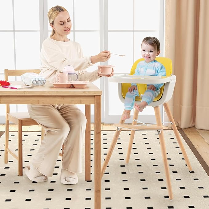 HONEY JOY High Chair, 3-in-1 Eat & Grow Wooden Highchair/Booster Seat/Toddler Chair with Removable Tray, 5-Point Harness, PU Cushion and Footrest for Baby, High Chair for Babies and Toddlers Yellow