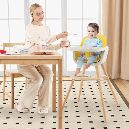 HONEY JOY High Chair, 3-in-1 Eat & Grow Wooden Highchair/Booster Seat/Toddler Chair with Removable Tray, 5-Point Harness, PU Cushion and Footrest for Baby, High Chair for Babies and Toddlers Yellow
