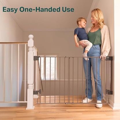 Cumbor 29.2-43" No Bottom Bar Baby Gate for Stairs, 2-in-1 Hardware Mounted Dog Gate Indoor, Pet Gate for Doorways with Large Walk Thru Door, Child-Proof Safety Gate for Top & Bottom of Stairs (Brown)