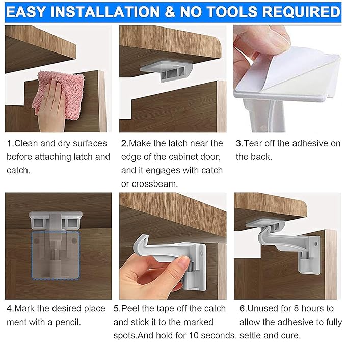 6 Pack Upgraded Invisible Baby Proofing Cabinet Latch Locks - Buumook Children Proof Cupboard Drawers Latches - Adhesive Easy Installation