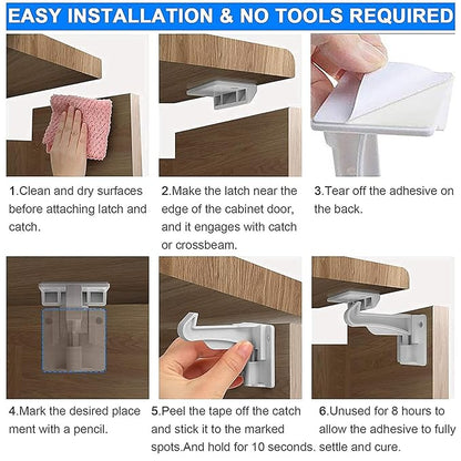 6 Pack Upgraded Invisible Baby Proofing Cabinet Latch Locks - Buumook Children Proof Cupboard Drawers Latches - Adhesive Easy Installation