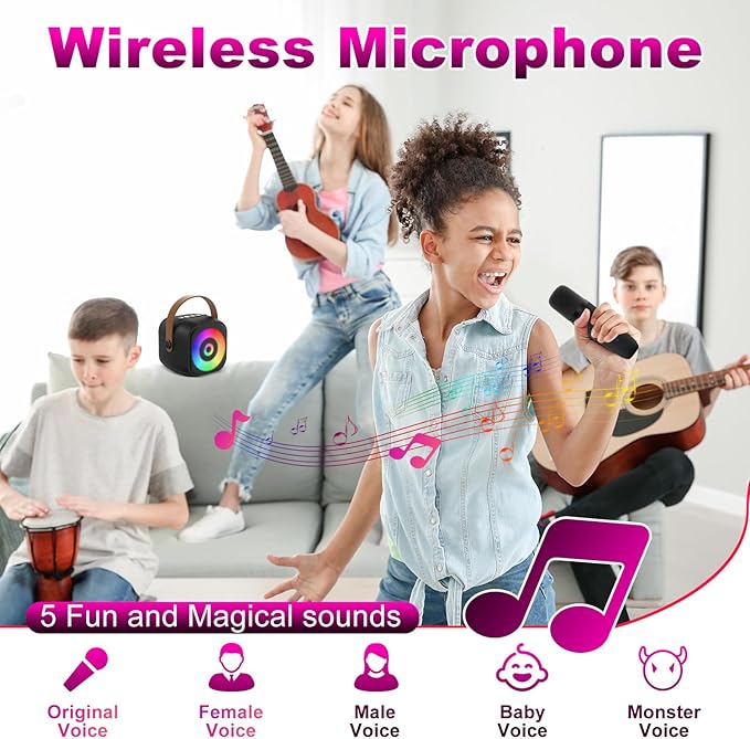 Mini Karaoke Machine, Portable Bluetooth Karaoke Speaker with 2 Wireless Mics for Kids and Adults, Birthday Gifts for Girls and Boys 3-12+ Years Old Birthday Party Home Black