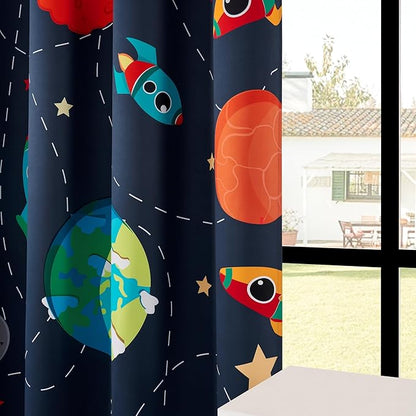Kids Space Themed Blackout Curtains - 100% Blackout Perfect for Bedroom, Spark Kids Imagination with Vibrant Cosmos Designs, Noise Reduction, Thermal Insulated, (2 Panels W52×L63)