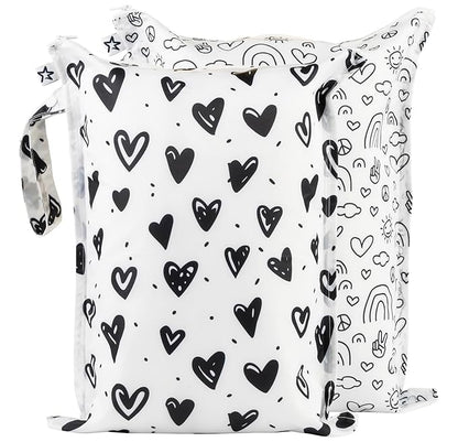 Tiny Twinkle Mess-Proof Waterproof Wet Dry Bag | 2-Pack Reusable Wet Bags for Swimsuits & Baby Clothes | Leakproof Wet Bag for Travel & Diaper Changes for Baby (Black, White)