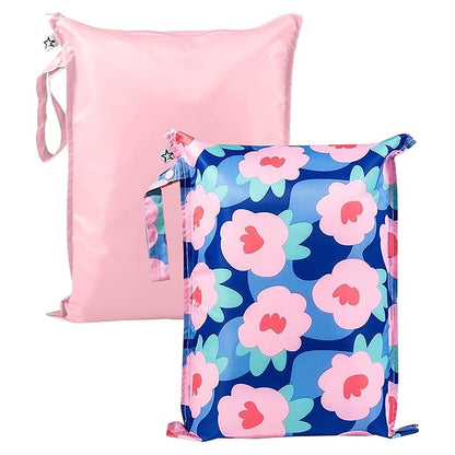 Tiny Twinkle Mess-Proof Waterproof Wet Dry Bag | 2-Pack Reusable Wet Bags for Swimsuits & Baby Clothes | Leakproof Wet Bag for Travel & Diaper Changes for Baby (Blue Floral)