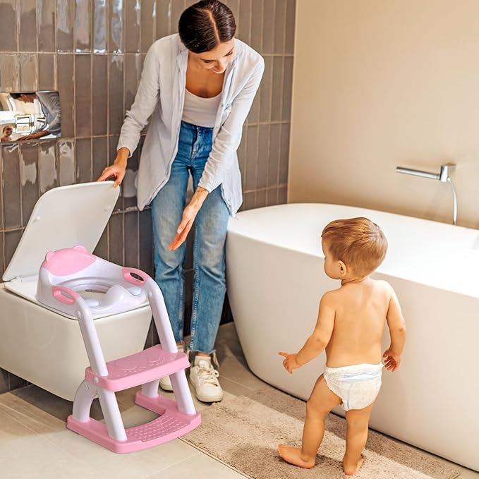 SKYROKU Potty Training Toilet, New Sector-Shape Stabilized Base two in one Toddler Toilet Seat with Splash Guard, Anti Slip Pad, and Step Stool Pink
