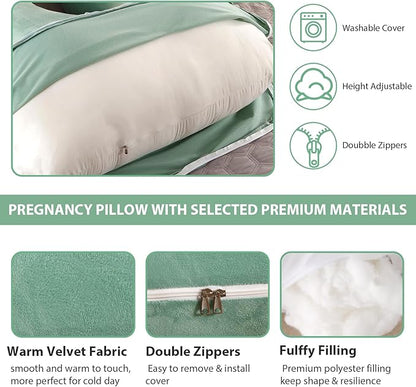 Amagoing 55 inches Pregnancy Pillows for Sleeping, U Shaped Maternity Full Body Pillow for Pregnant Women with Hip, Leg, Back, Belly Support, Washable Velvet Cover Included (Mint Green)