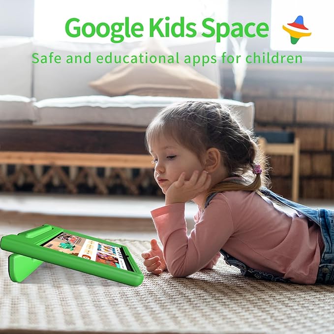 JREN Tablet for Kids｜10 Inch Kids Tablet Android 14｜Octa-core｜64GB｜WiFi ｜Bluetooth｜Parental Control｜Children Content｜Children Toddler Green