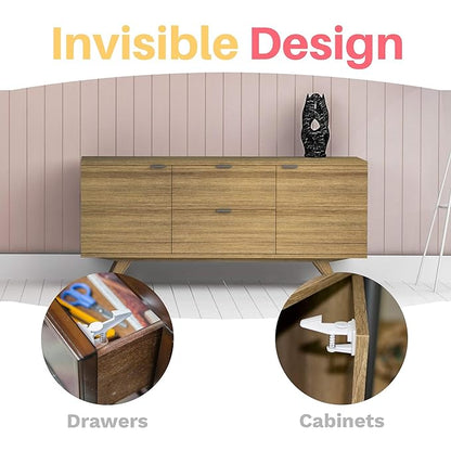 Inaya Cabinet Locks Baby Proofing - Child Proof Drawer Locks - Child Safety Cabinet Latches with 3M Adhesive Easy Installation - No Drilling or Extra Screws (8 Pack)