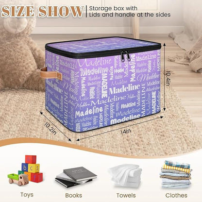 Custom Storage Basket with Name, Personalized Storage Bins with Zipper Lid, Foldable Fabric Storage Box Large capacity with Handle Purple